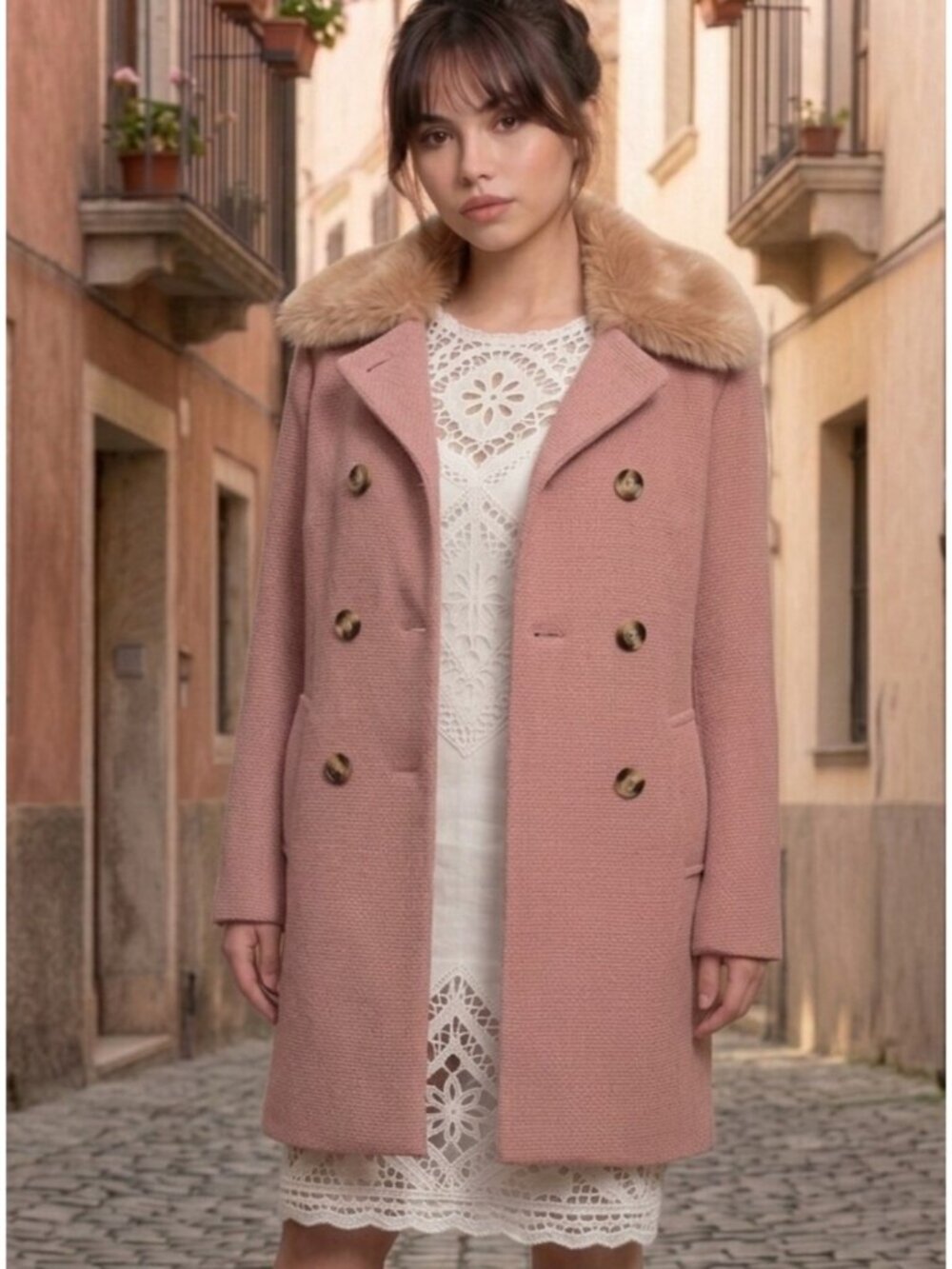 Zara Pink Blush Mauve Bouclé Peacoat with Faux Fur Removable Collar